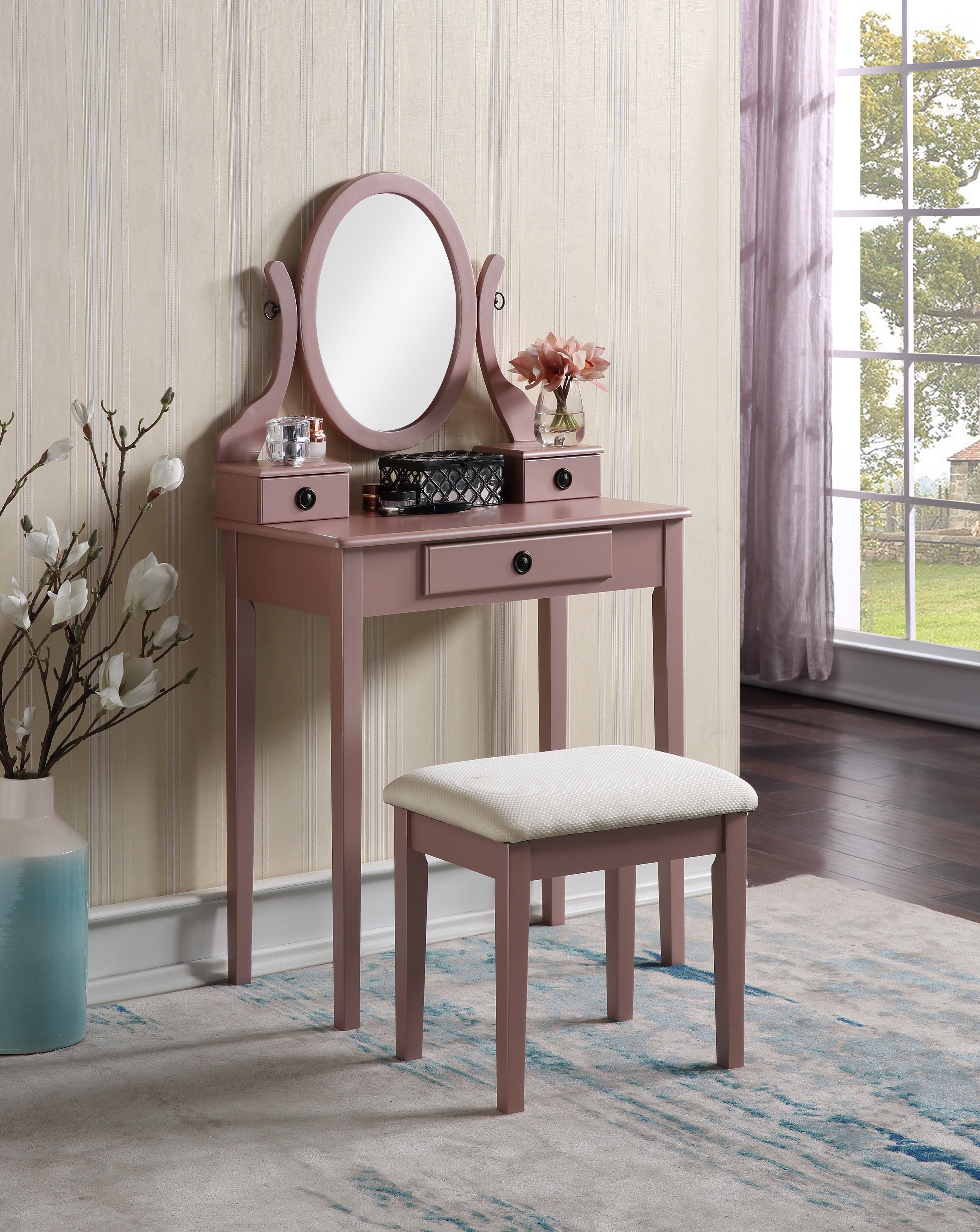 Mintazer Vanity Table Set with Adjustable Oval Mirror & Cushioned Stool, Makeup Dressing Table with 3 Drawer for Bedroom, Rose Gold