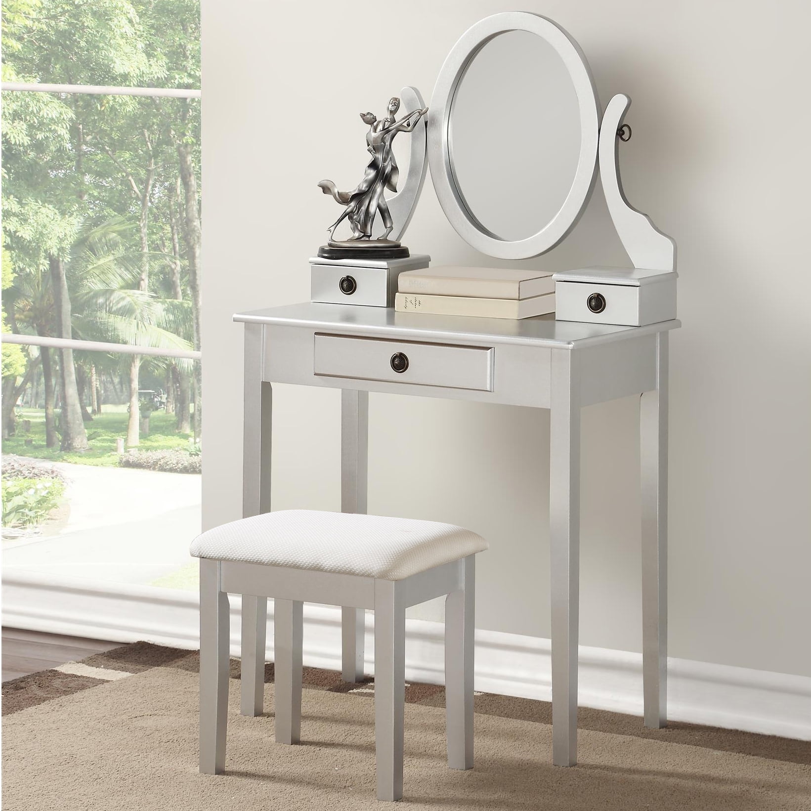 Mintazer Vanity Table Set with Adjustable Oval Mirror & Cushioned Stool, Makeup Dressing Table with 3 Drawer for Bedroom, Silver