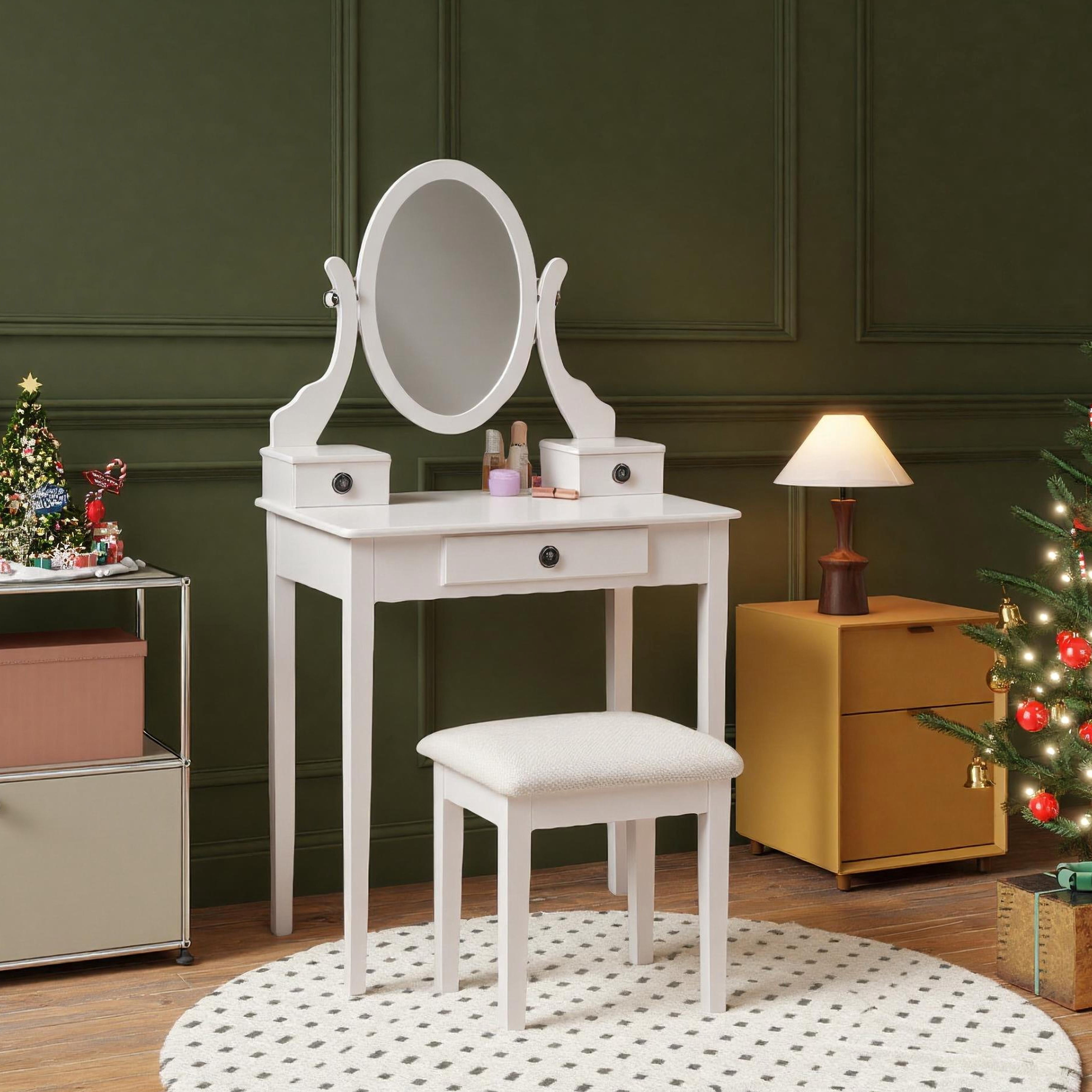 Mintazer Vanity Table Set with Adjustable Oval Mirror & Cushioned Stool, Makeup Dressing Table with 3 Drawer for Bedroom, White