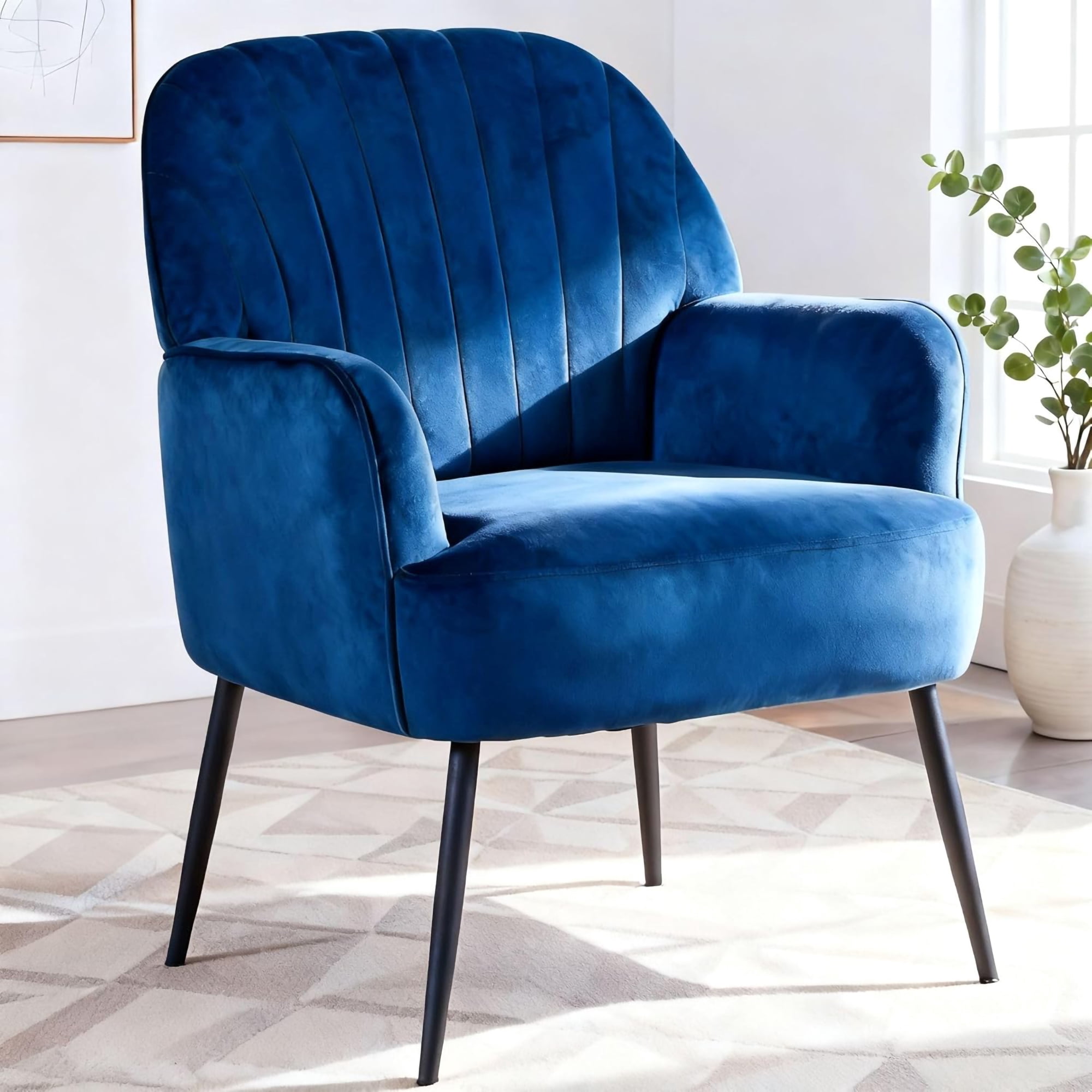 Mintazer Velvet Accent Chair with Shell-Shaped Backrest, Modern Upholstered Armchair with Metal Legs for Living Room & Bedroom, Blue