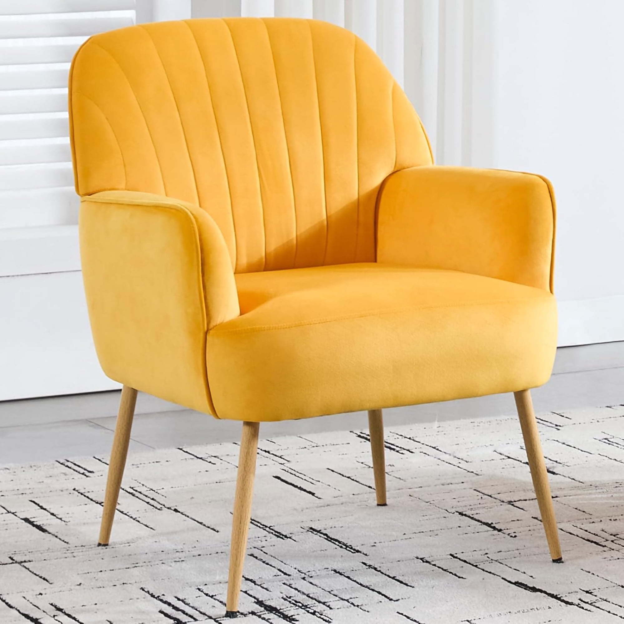 Mintazer Velvet Accent Chair with Shell-Shaped Backrest, Modern Upholstered Armchair with Metal Legs for Living Room & Bedroom, Yellow