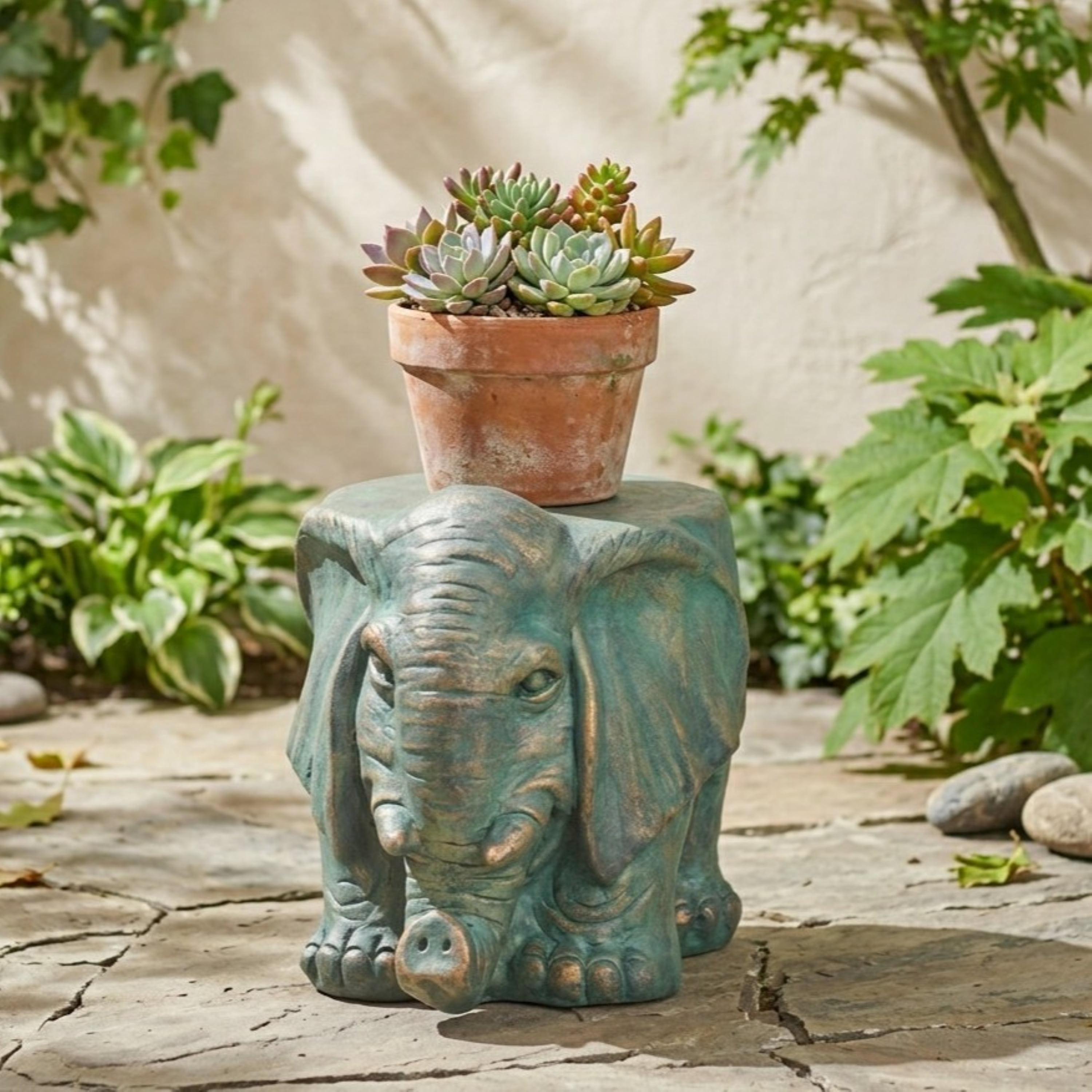 Mintazer Verdigris Copper Patina Elephant Garden Stool, Weatherproof Concrete Animal Sculpture Plant Stand Accent Side Table for Patio Lawn Balcony