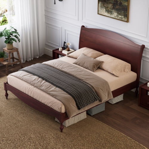 Mintazer Vintage Curved Queen Platform Bed with Traditional Arched Headboard & Turned Legs for Bedroom, No Box Spring Needed, Easy Assembly, Dark Walnut