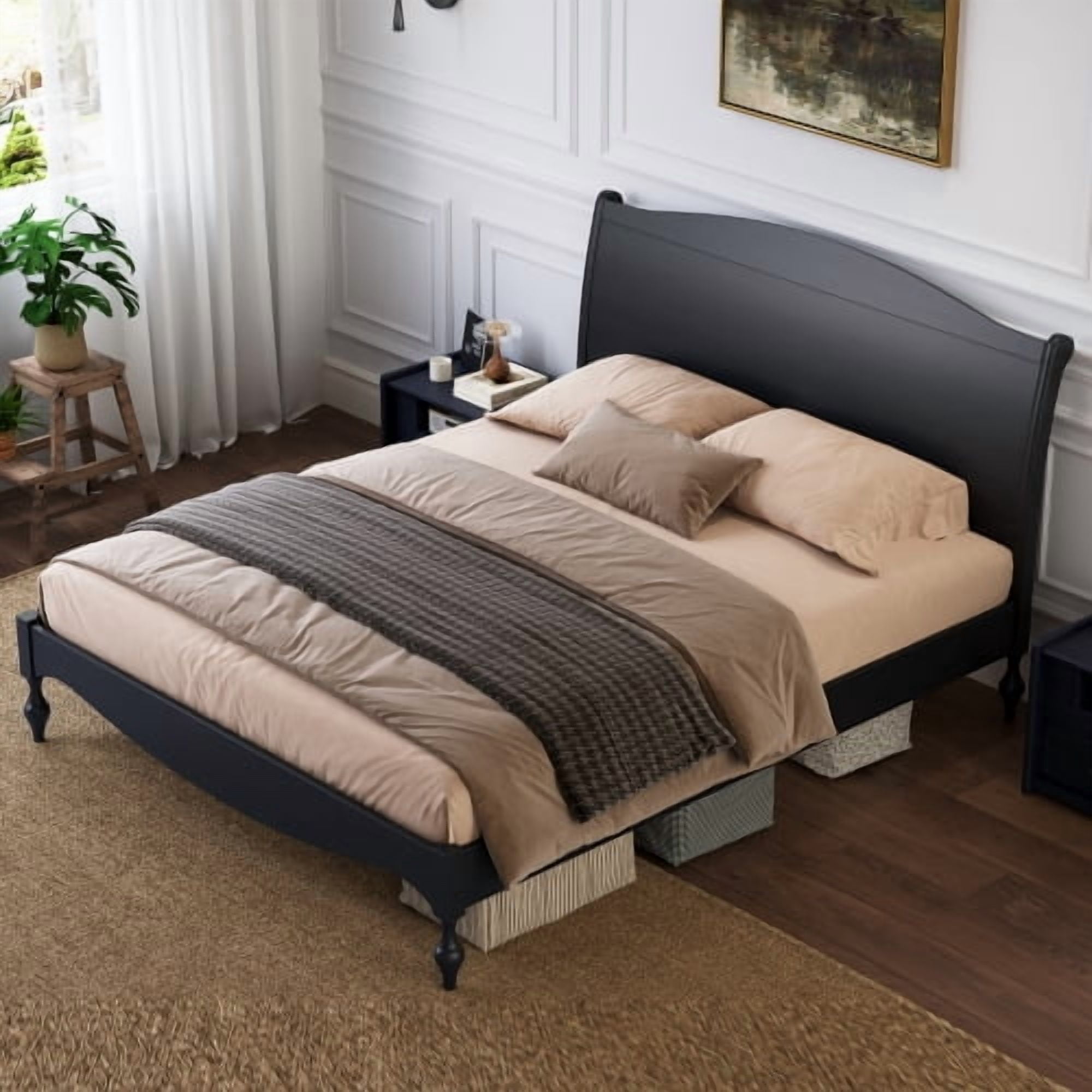 Mintazer Vintage Curved Queen Platform Bed with Traditional Arched Headboard & Turned Legs for Bedroom, No Box Spring Needed, Easy Assembly, Black
