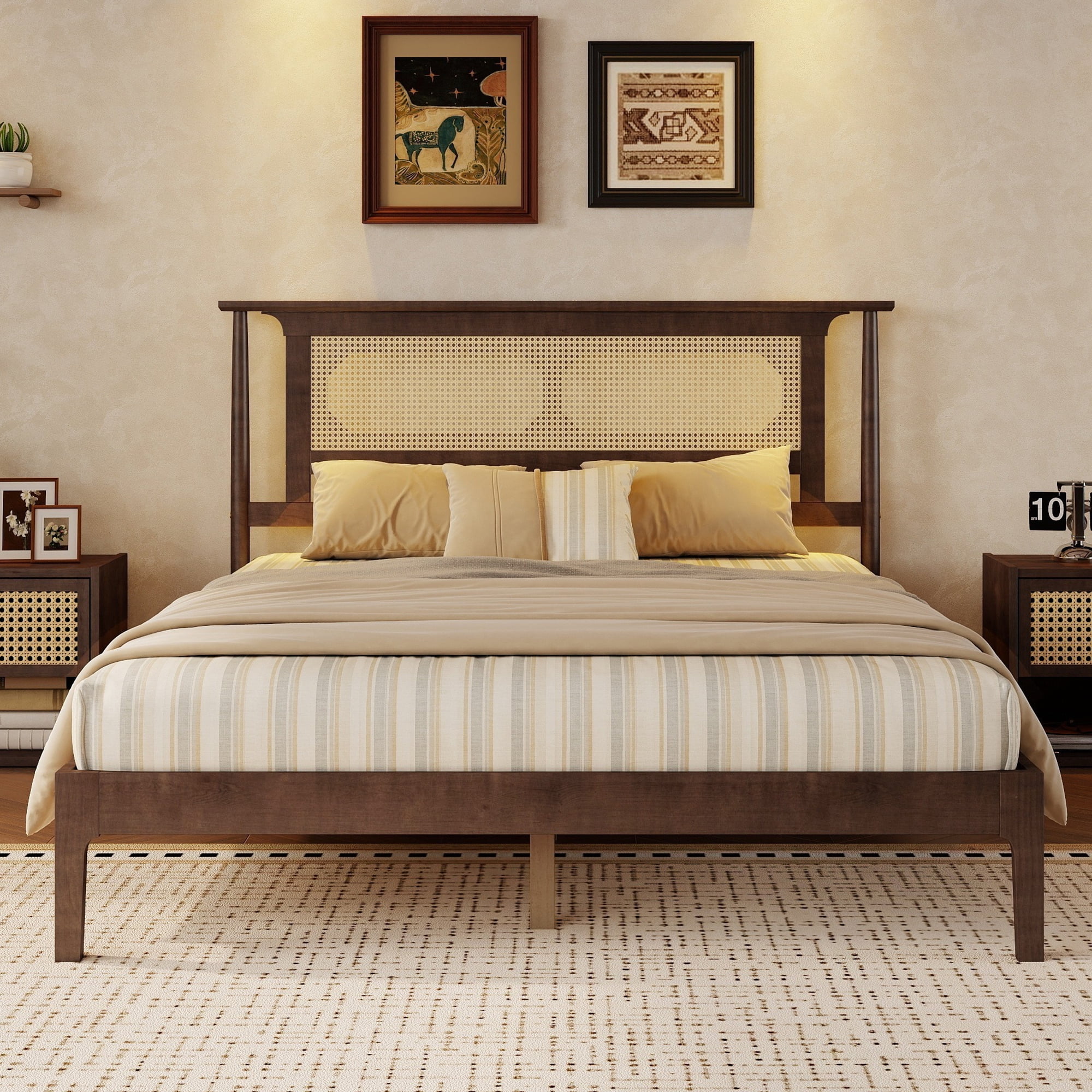 Mintazer Vintage Queen Size Pinewood Platform Bed Frame with Rattan Headboard for Bedroom,No Box Spring Needed, Walnut