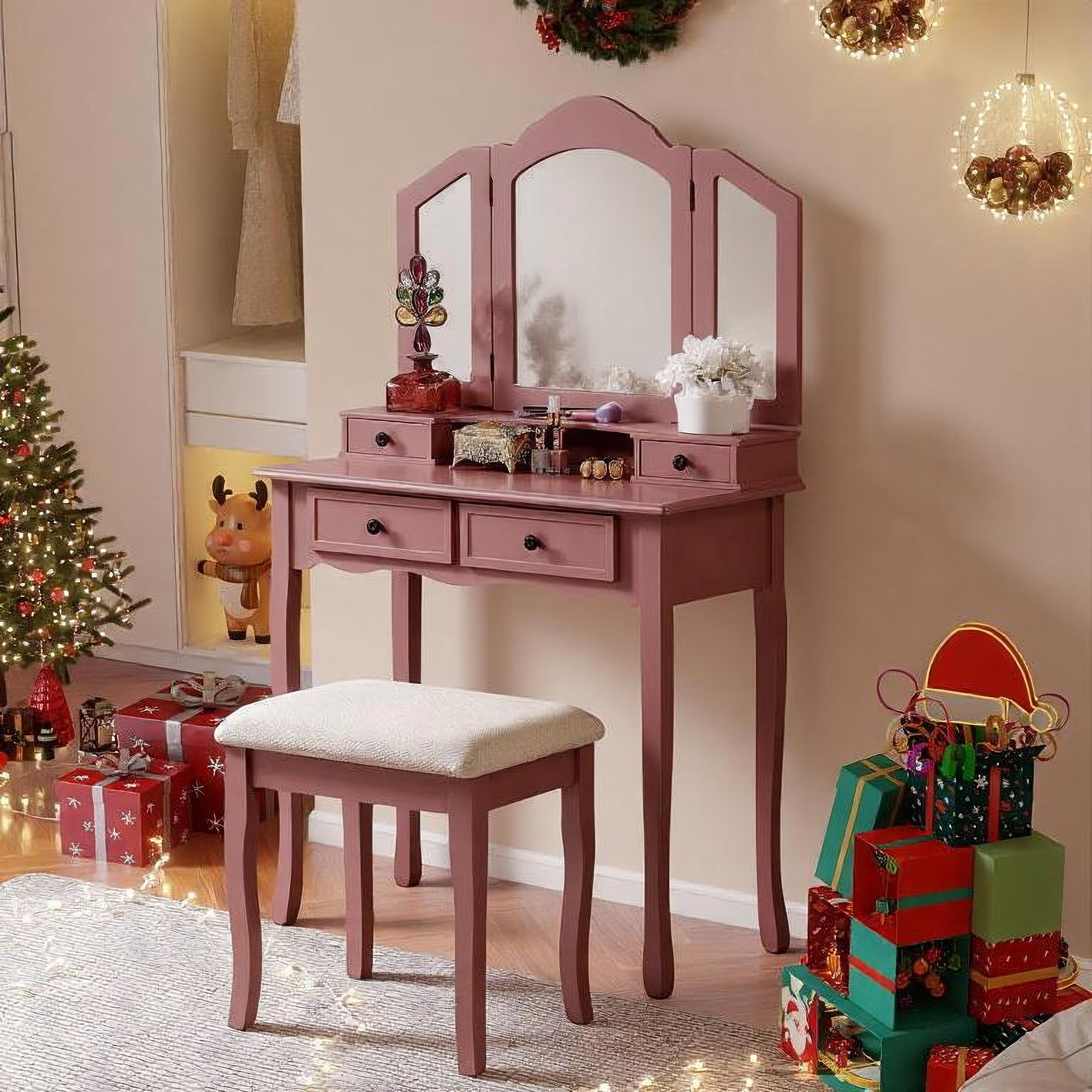 Mintazer Vintage Tri-Fold Mirror Makeup Vanity Table Set, Dressing Table with 4 Drawers & Upholstered Stool for Bedroom, Rose Gold
