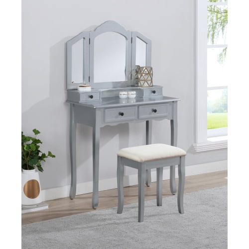 Mintazer Vintage Tri-Fold Mirror Makeup Vanity Table Set, Dressing Table with 4 Drawers & Upholstered Stool for Bedroom, Silver