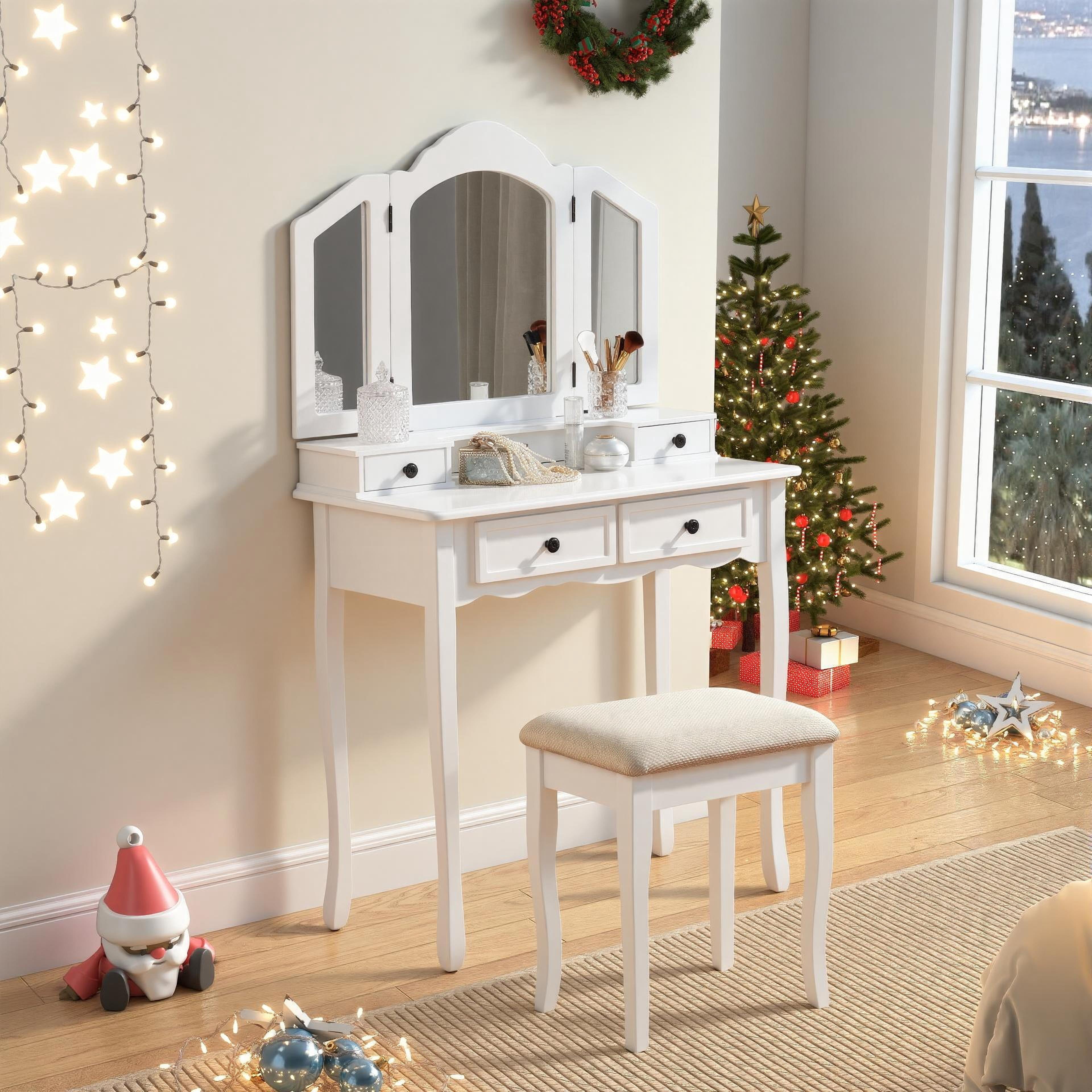 Mintazer Vintage Tri-Fold Mirror Makeup Vanity Table Set, Dressing Table with 4 Drawers & Upholstered Stool for Bedroom, White
