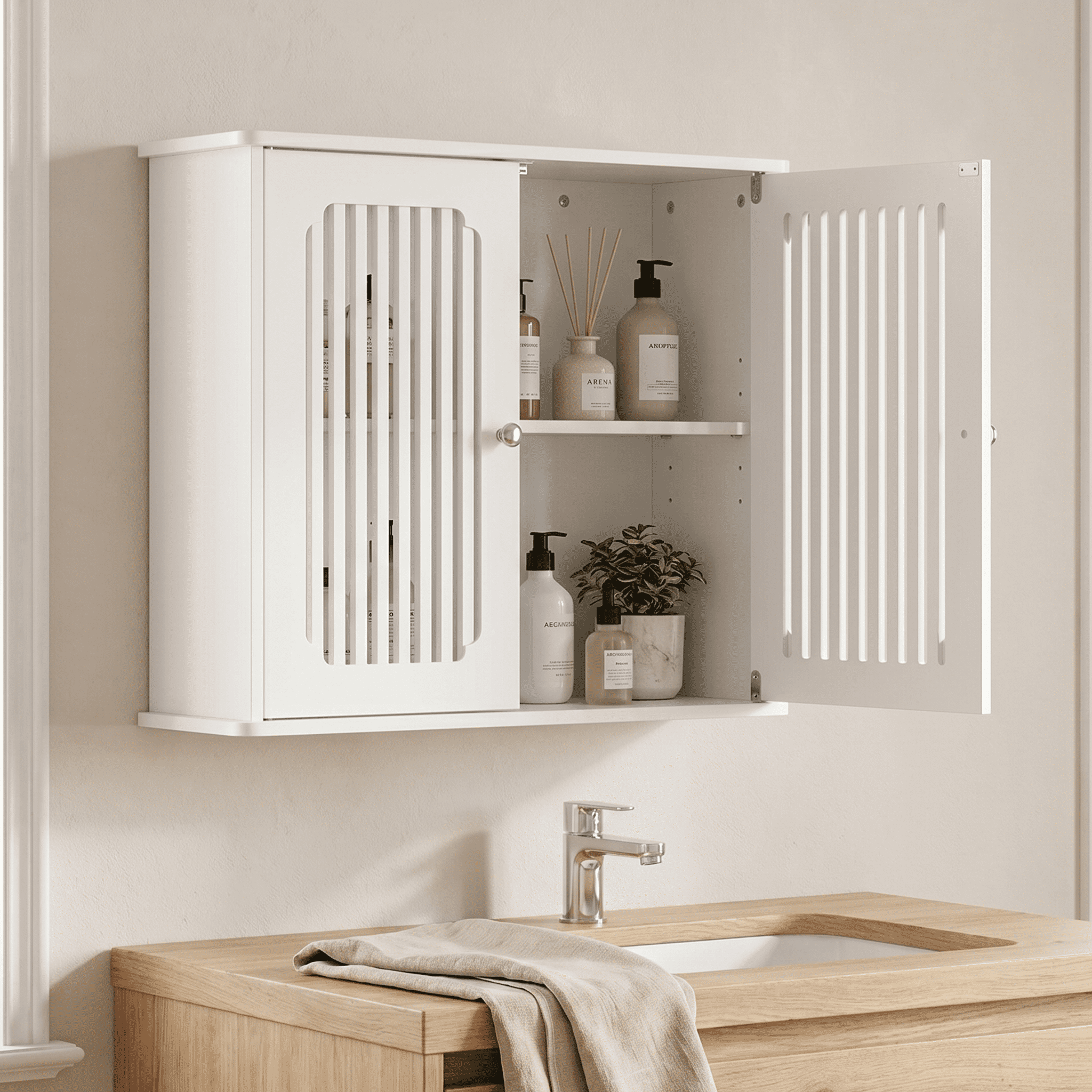 Mintazer Wall-Mounted Bathroom Storage Cabinet, Louvered Double-Door Medicine Wall Cabinet for Home Apartment Office, White