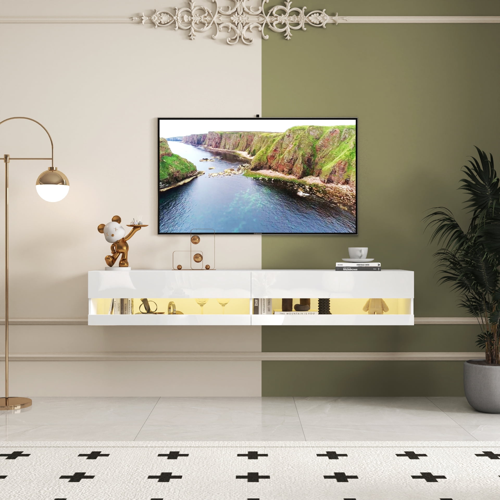 Mintazer Wall Mounted Floating TV Stand for TVs up to 80", Entertainment Cabinet with LED Light & Charging Station for Living Room, White