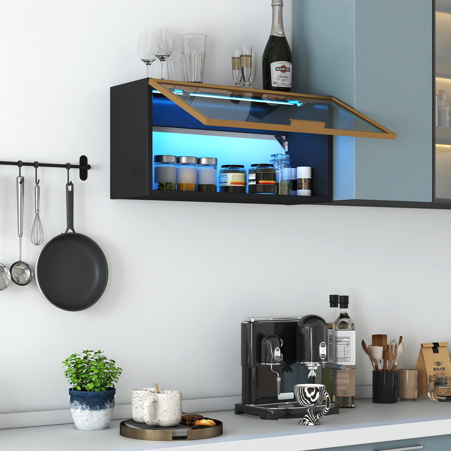 Mintazer Wall-Mounted Kitchen Storage Cabinet with LED Light, Flip-Up Glass Door Wall Cabinet with Gold Trim, Black