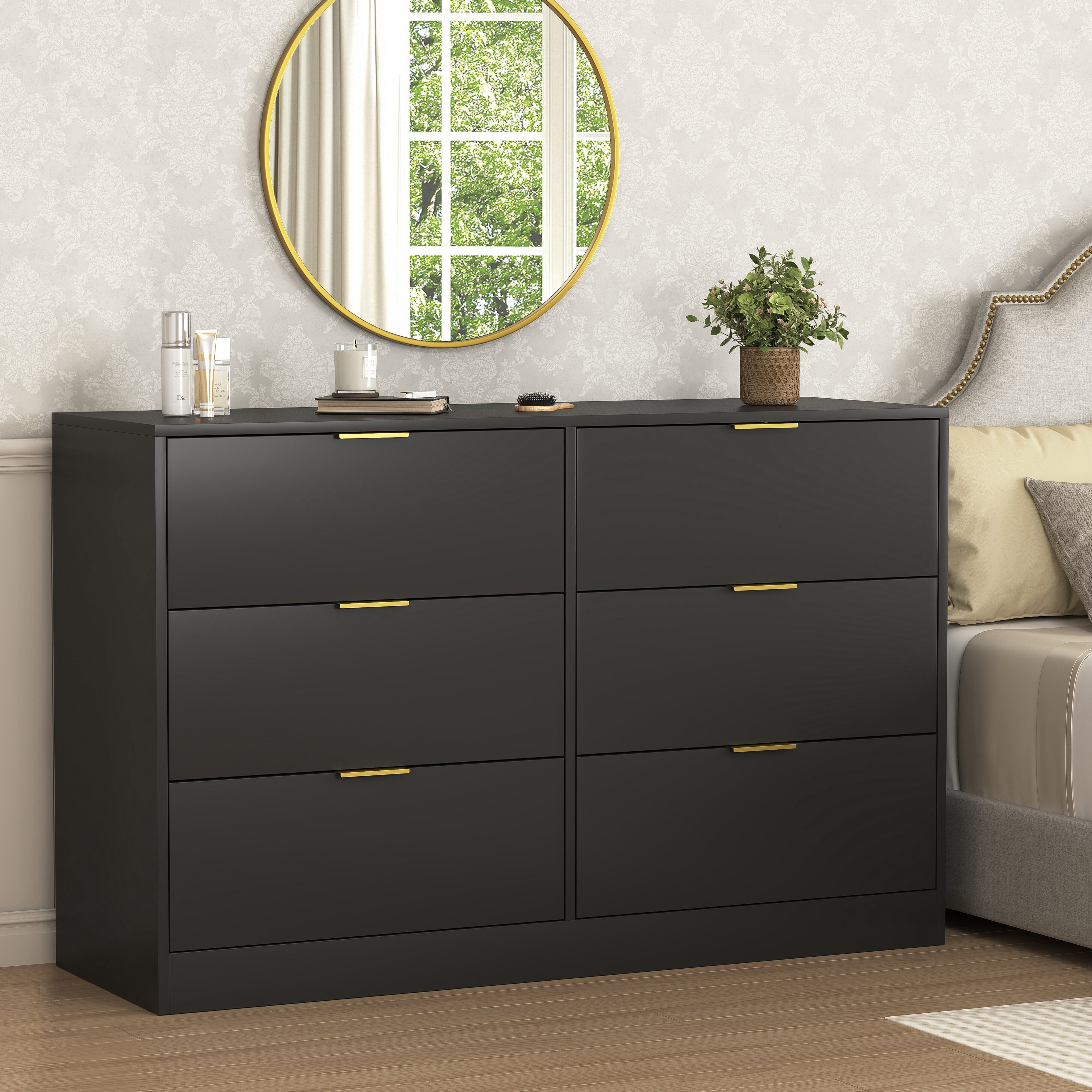 Mintazer Wide Dresser with 6 Drawers, Storage Chest of Drawers with Gold Metal Handles for Entryway Bedroom Living Room Hallway, Black