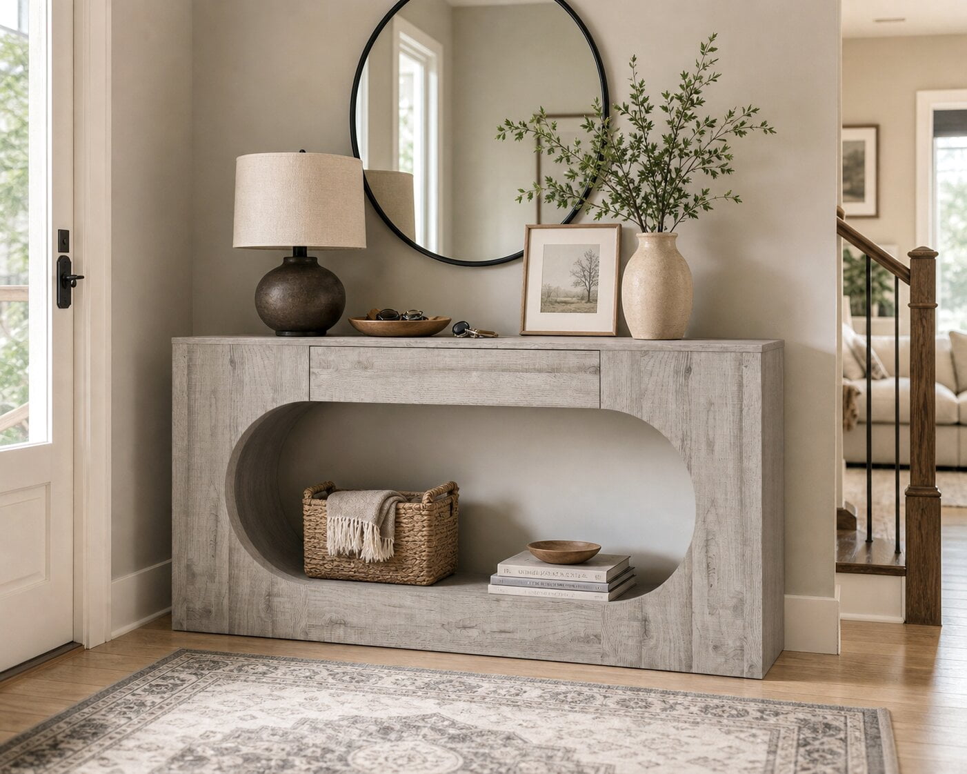 Mintazer Wood Grain Console Table with Drawer, 63"W Oval Hollow Frame Narrow Entryway Accent Table for Hallway,Living Room, Stairside, Grey
