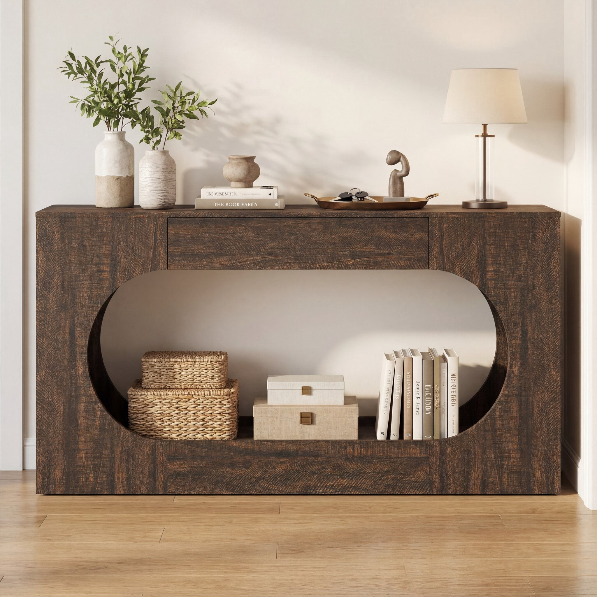 Mintazer Wood Grain Console Table with Drawer, 63"W Oval Hollow Frame Narrow Entryway Accent Table for Hallway,Living Room, Stairside, Walnut