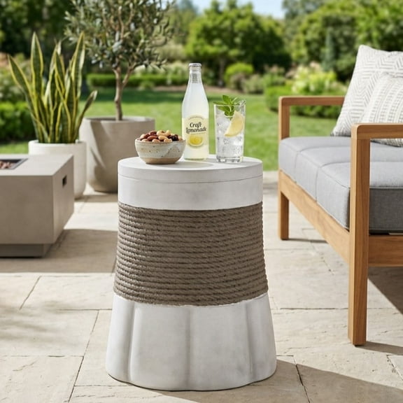 Mintazer Woven Rope Fan Base MGO Round Side Table, Weatherproof Indoor Outdoor Cylindrical Accent End Table for Patio Balcony Living Room