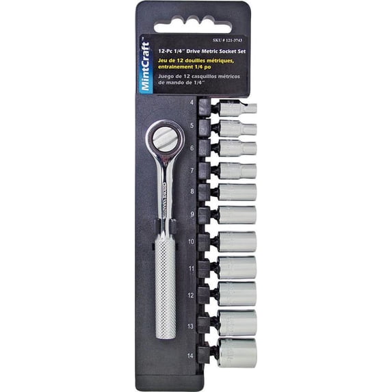 "Vulcan Socket Set, 12 Piece, 1/4 in Drive, Chrome Vanadium Steel, Chrome, Metric"