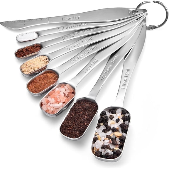 Minteem Stainless Steel Measuring Spoons Set of 8, Narrow Long Handle Spice Measuring Spoons with Leveler, Teaspoon & Tablespoon Measuring Scoops for Baking Cooking Seasoning