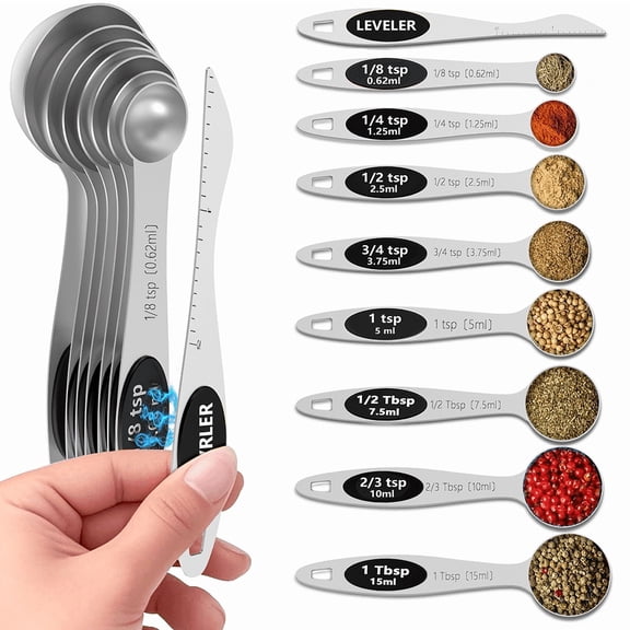 Minteem 8-Piece Magnetic Stainless Steel Measuring Spoons Set Leveler Included, Black, Dual-Sided for Spice Jar & Liquid Measuring