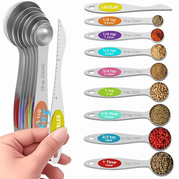 Minteem 8-Piece Magnetic Stainless Steel Measuring Spoons Set Leveler Included, Colored for Kitchen Storage