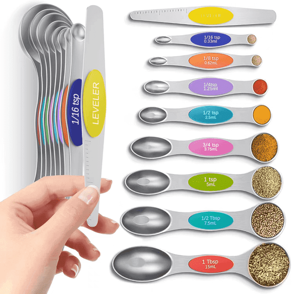 Minteem Premium Magnetic Measuring Spoons Set | Heavy Duty Stainless Steel | Dual-Sided 8 Spoons with Leveler for Baking & Cooking