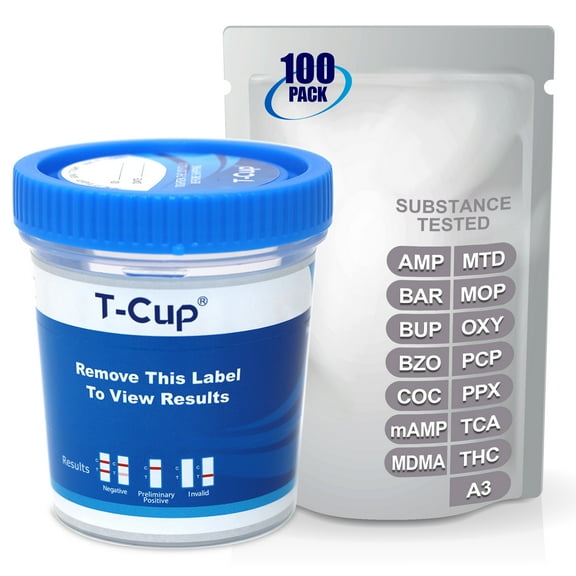 Mintegrity [100pk] 14-Panel T-Cup Instant Urine Drug Test - (AMP/BAR/BUP/BZO/COC/mAMP/MDMA/MOP/MTD/OXY/PCP/PPX/TCA/THC with A3) #MT-TDOA-1145A3