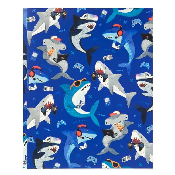 Mintgreen Paper Pocket Portfolio with Prongs - Gamer Sharks, 9.3" x 11.6"