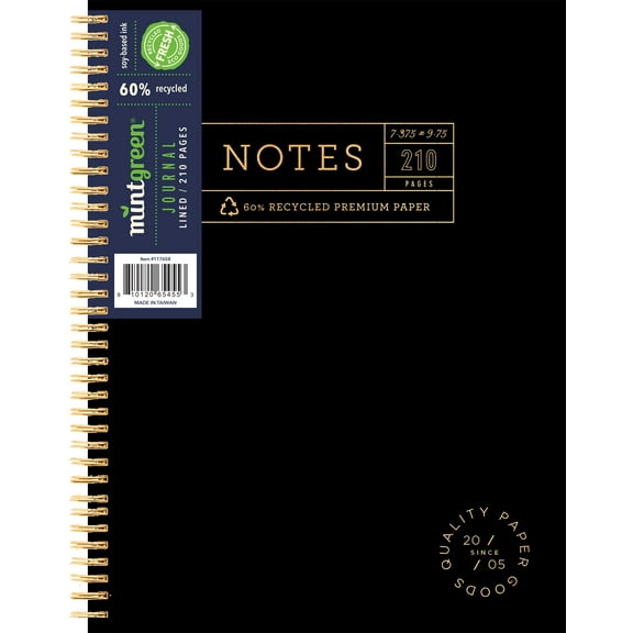 Mintgreen Spiral Journal, 7.4" x 9.75", Professional Series - Black, 105 sheets
