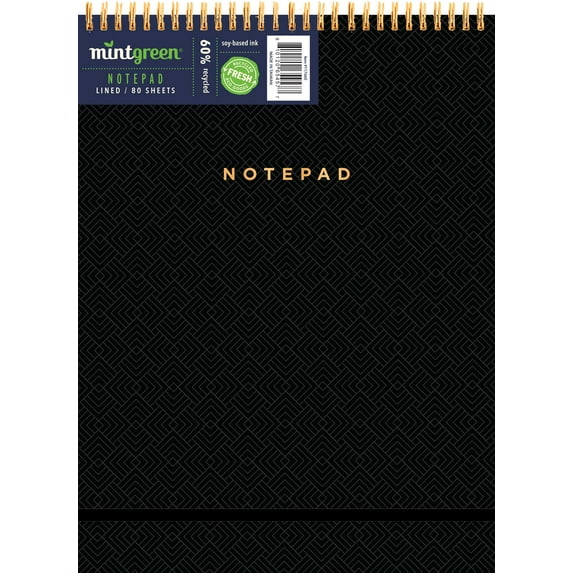 Mintgreen Spiral Top Writing Pad, 8"x 10.75", Professional Series - Black, 80 sheets