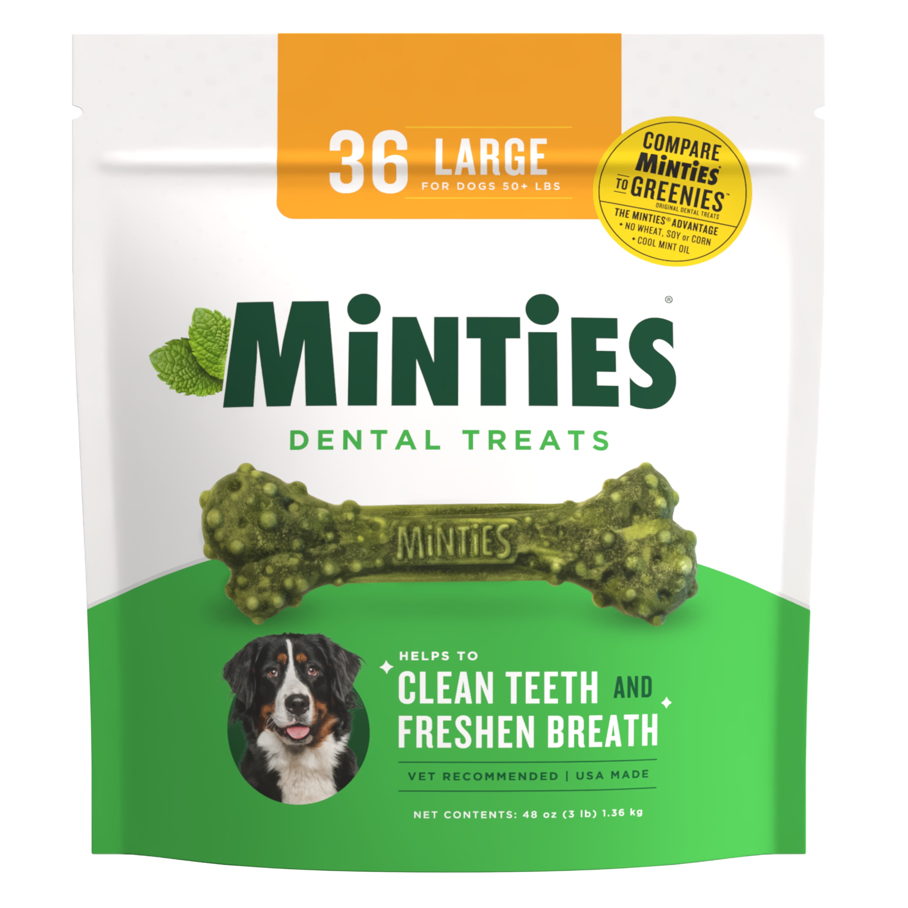 Minties Dental Bone Treats, Chews for Large Dogs over 50 lbs, 36 Count, 48 oz, Shelf-Stable
