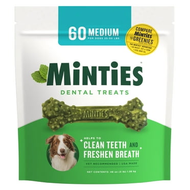 Minties Dental Bone Treats, Chews for Medium Dogs 25-50 lbs, 60 Count, 48 oz, Shelf-Stable