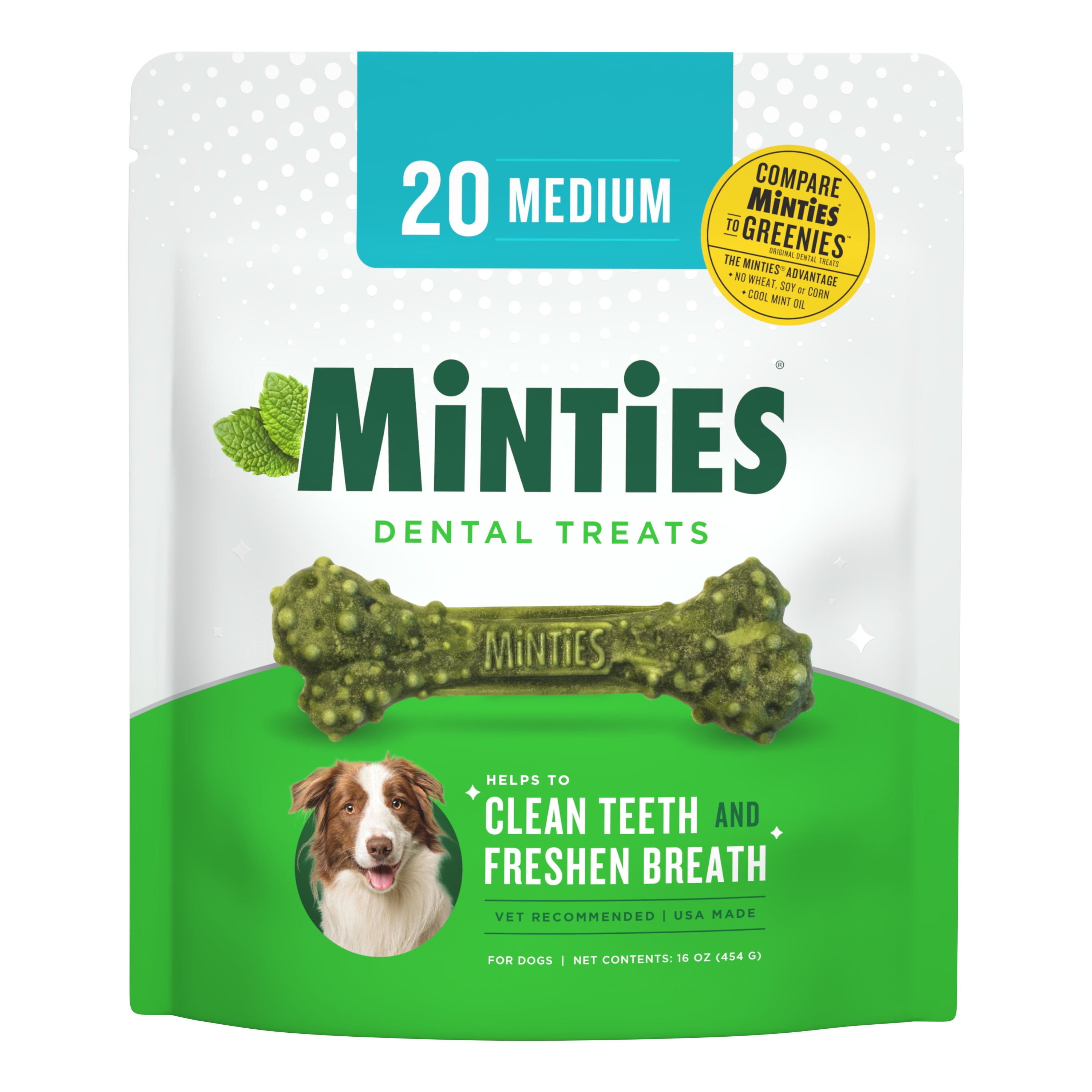 Minties Dental Bone Treats, Chews for Medium Dogs over 40 lbs, 20 Count, 16 oz, Shelf-Stable