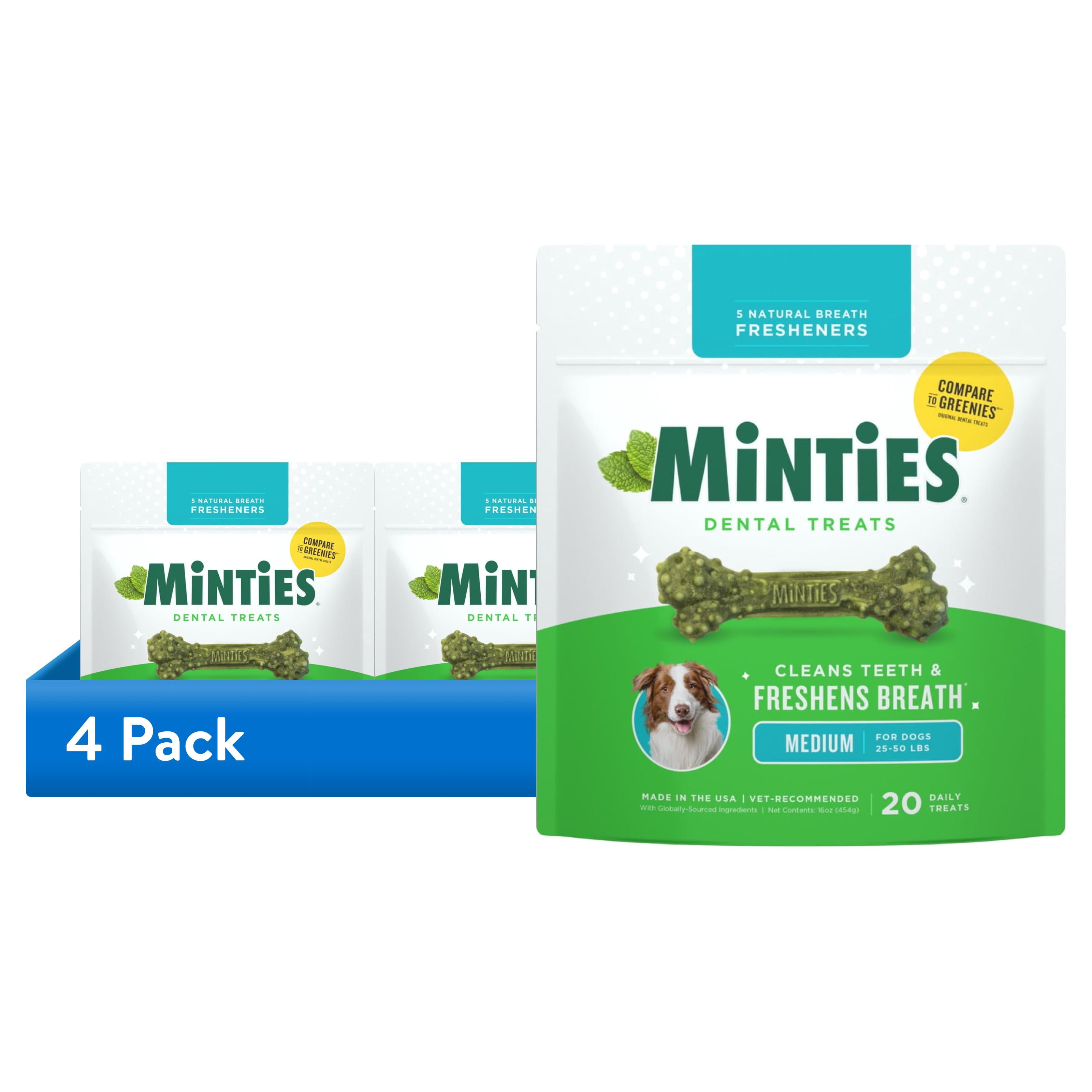 (4 pack) Minties Dental Bone Treats, Chews for Medium Dogs over 40 lbs, 20 Count, 16 oz, Shelf-Stable