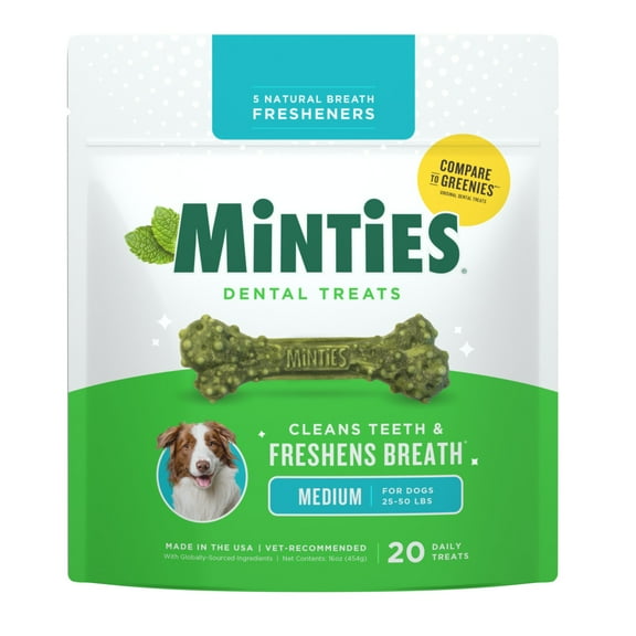 Minties Dental Bone Treats, Chews for Medium Dogs over 40 lbs, 20 Count, 16 oz, Shelf-Stable