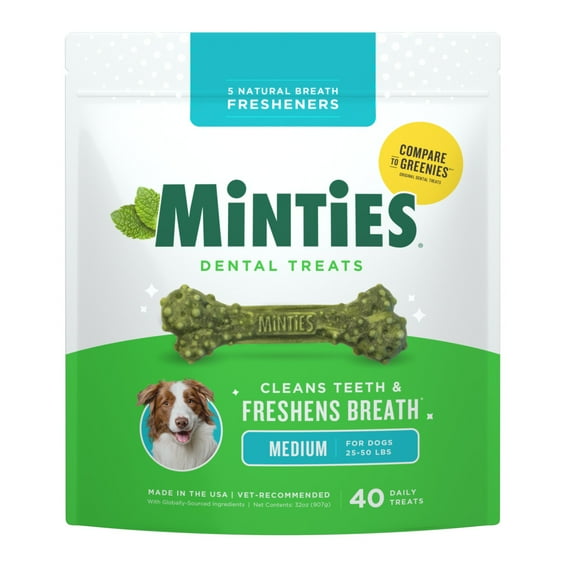 MINTIES Dog Dental Bone Treats, Dental Chews for Medium Dogs, 40 Count, Shelf-Stable