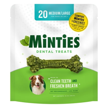 Minties Dental Bone Treats, Chews for Medium/Large Dogs over 40 lbs, 20 Count, 16 oz, Shelf-Stable