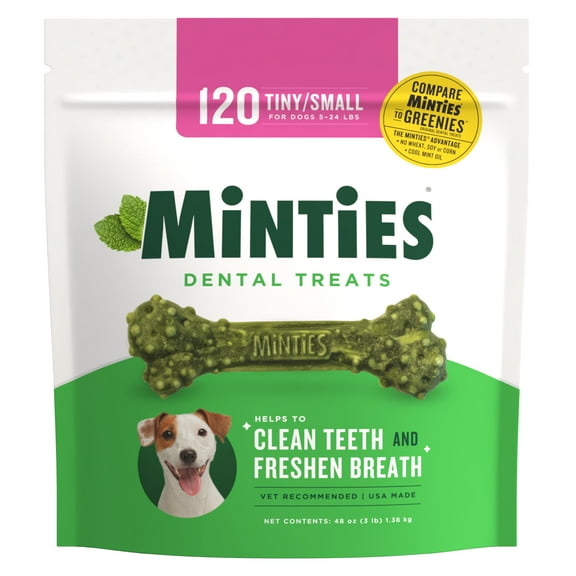 Minties Dental Bone Treats, Chews for Tiny/Small Dogs 5-24 lbs, 120 Count, 48 oz, Shelf-Stable