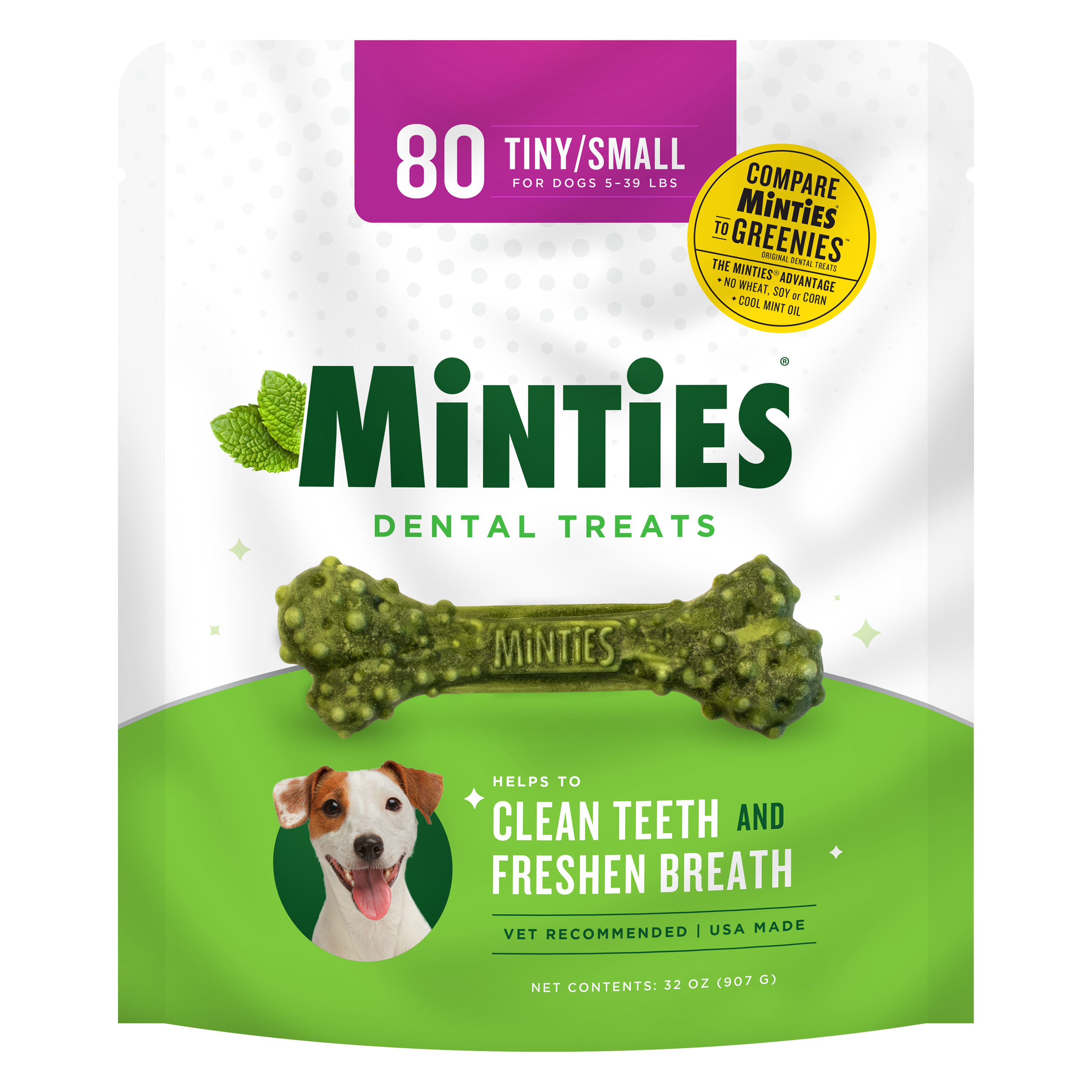 Minties Dental Bone Treats, Chews for Tiny/Small Dogs under 40 lbs, 80 Count, 32 oz, Shelf-Stable - image 1 of 9