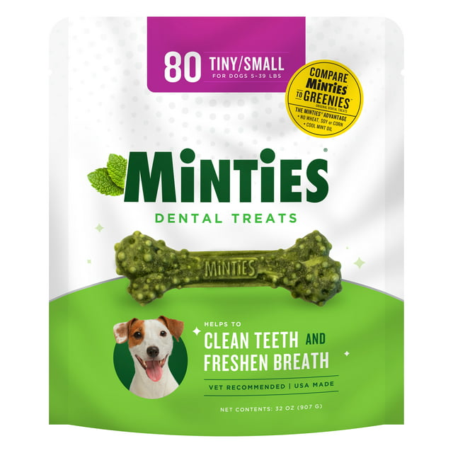Minties Dental Bone Treats, Chews for Tiny/Small Dogs under 40 lbs, 80 Count, 32 oz, Shelf-Stable