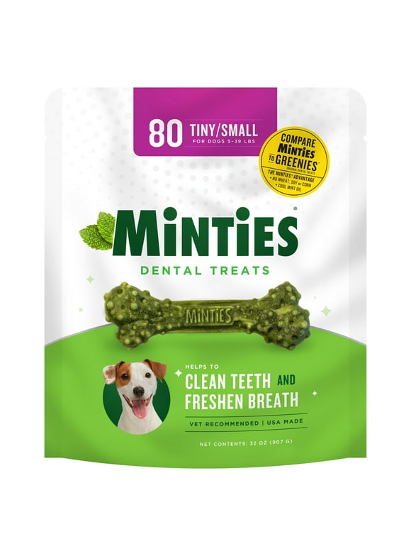 Minties Dental Bone Treats, Chews for Tiny/Small Dogs under 40 lbs, 80 Count, 32 oz, Shelf-Stable