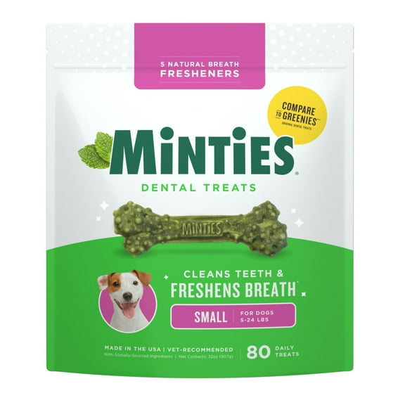 Minties Dental Bone Treats, Chews for Tiny/Small Dogs under 40 lbs, 80 Count, 32 oz, Shelf-Stable