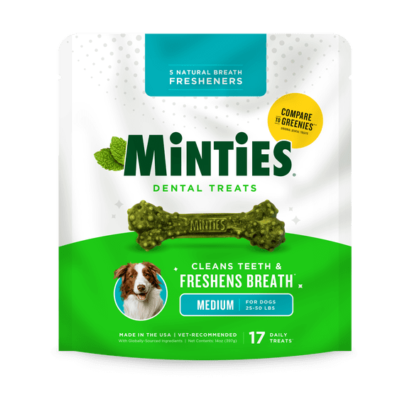 Minties Dental Chews for Dogs, Vet-Recommended Mint-Flavored Dental Dog Treats for Medium Dogs, Bones Clean Teeth, Fight Bad Breath, and Removes Plaque and Tartar, 14 oz