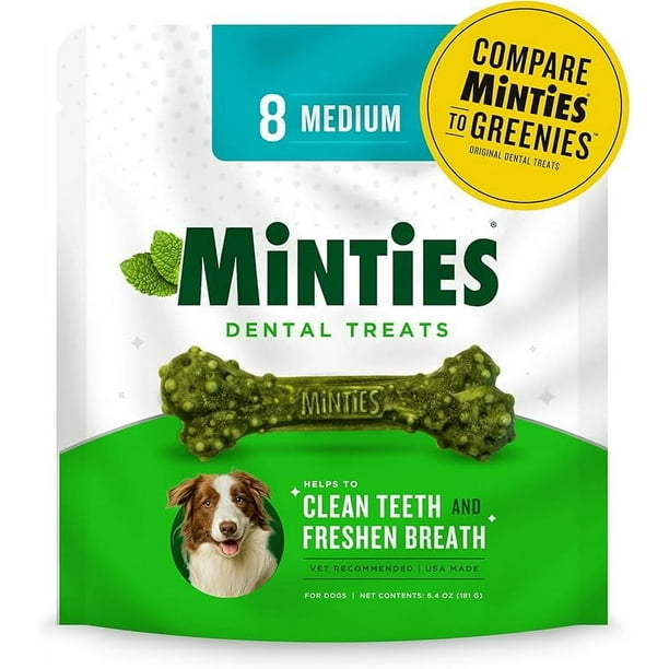 Minties Dental Chews for Dogs 8 Count Vet Recommended Mint Flavored Dental Treats for Medium Dogs 25 50 lbs Dental Bones Clean Teeth Fight Bad Breath and Removes Plaque and Tartar Walmart Business Sup...