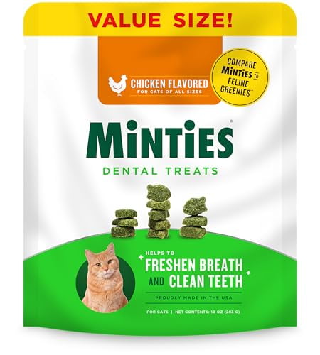 Minties Dental Treats for Cats, Chicken Flavored Treats for Cats, Freshens Breath and Controls Tartar, 10oz