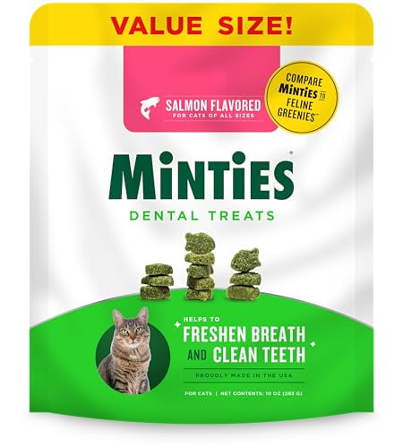 Minties Dental Treats for Cats, Salmon Flavored Treats for Cats, Freshens Breath and Controls Tartar, 10oz