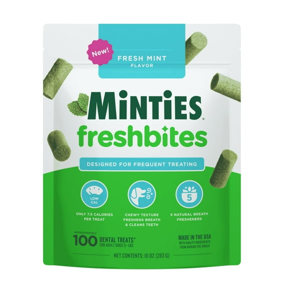 Minties FreshBites Soft and Chewy Dental Treats for Dogs, Low Calorie Natural Mint Flavored Dental Chews for Dogs, 100 Count, Chews Clean Teeth, Fight Bad Breath, and Removes Plaque and Tartar