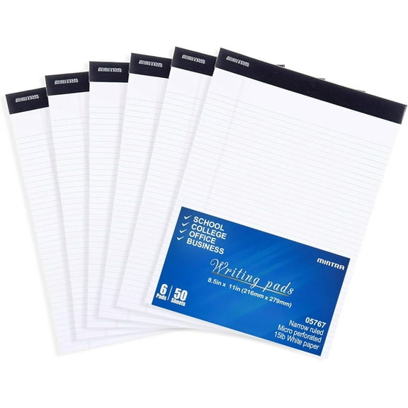 Mintra Home Narrow Ruled Standard Writing Pad, 8.5" x 11", White, 50 Sheets, 6 Count