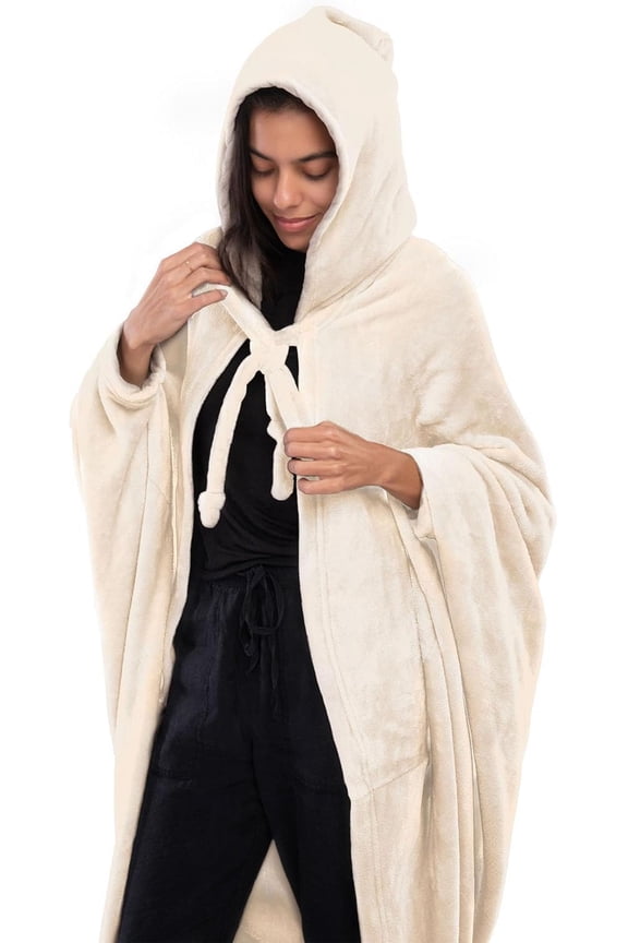Wearable Blanket Hoodie, Soft, Warm & Cozy Snuggies for Women & Men, Hooded Blanket with Full Sleeves for Adults, One Size Fits All, 70in x 62in (Cream)