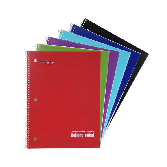 Mintra Office - (04657) Spiral Notebooks Solid Cover College Ruled 6 Pack (70 Sheets)
