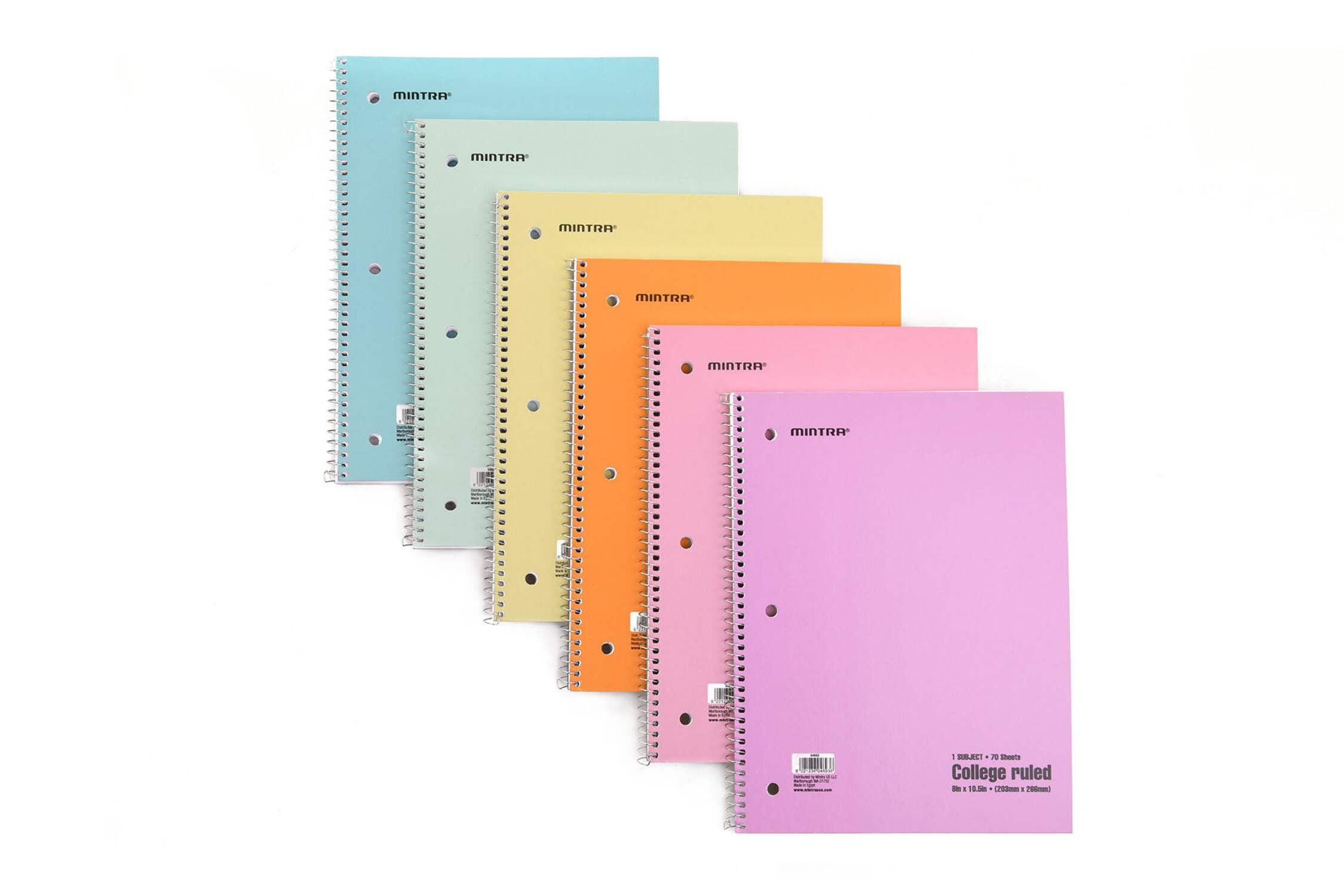 Mintra Office (04693) Spiral Notebooks Pastel College Ruled 6 Pack (70 Sheets)