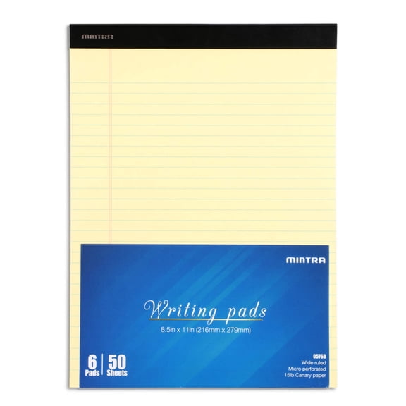 Mintra Office Legal Pads - ((BASIC CANARY 6pk, 8.5in x 11in, WIDE RULED)) - Yellow Writing Notepad, Perforated, 50 Sheet per note pad, professional quality for office, school